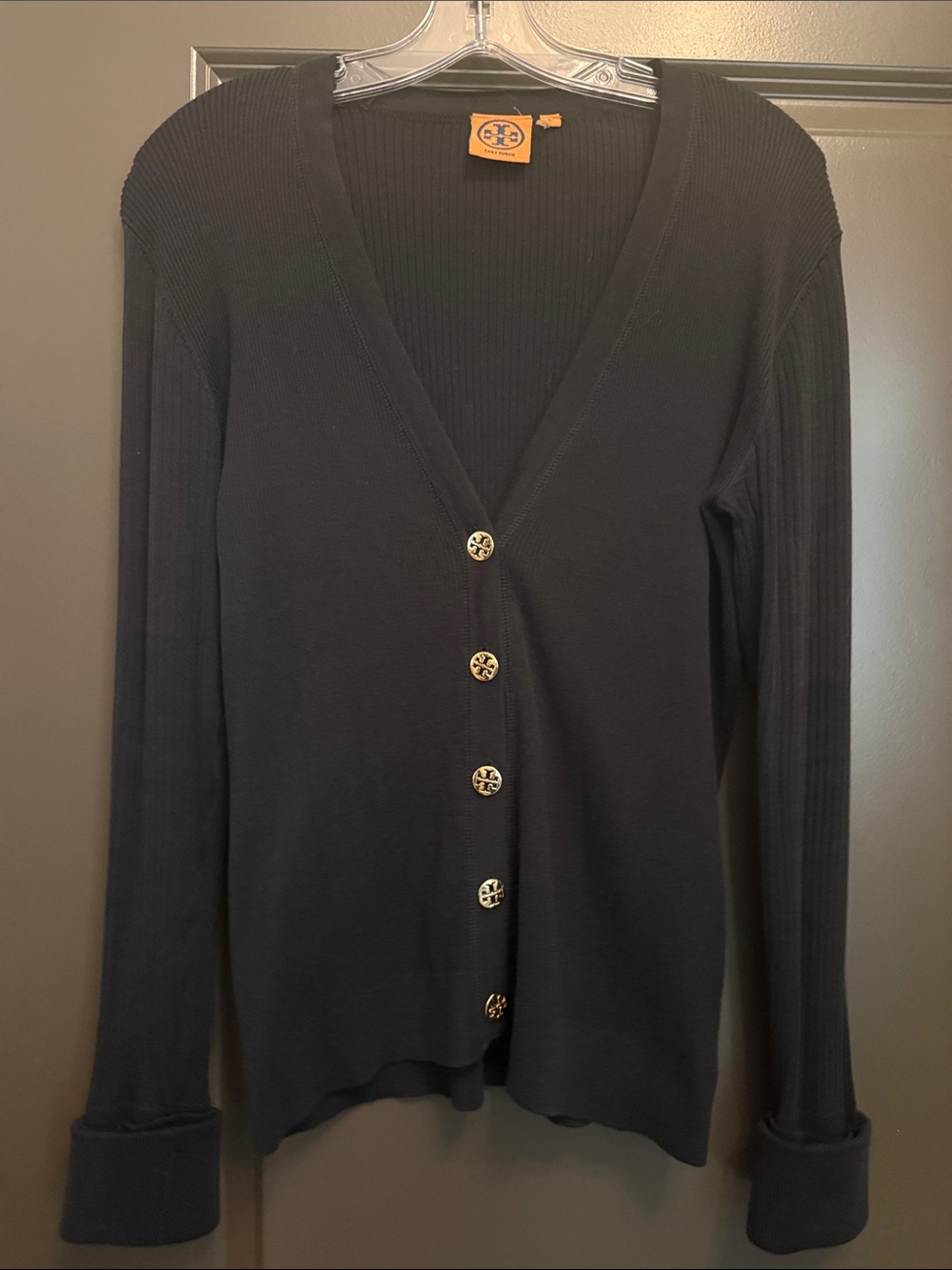 Tory Burch Black Ribbed V-Neck Button-Up Cardigan with Logo Buttons Cotton
